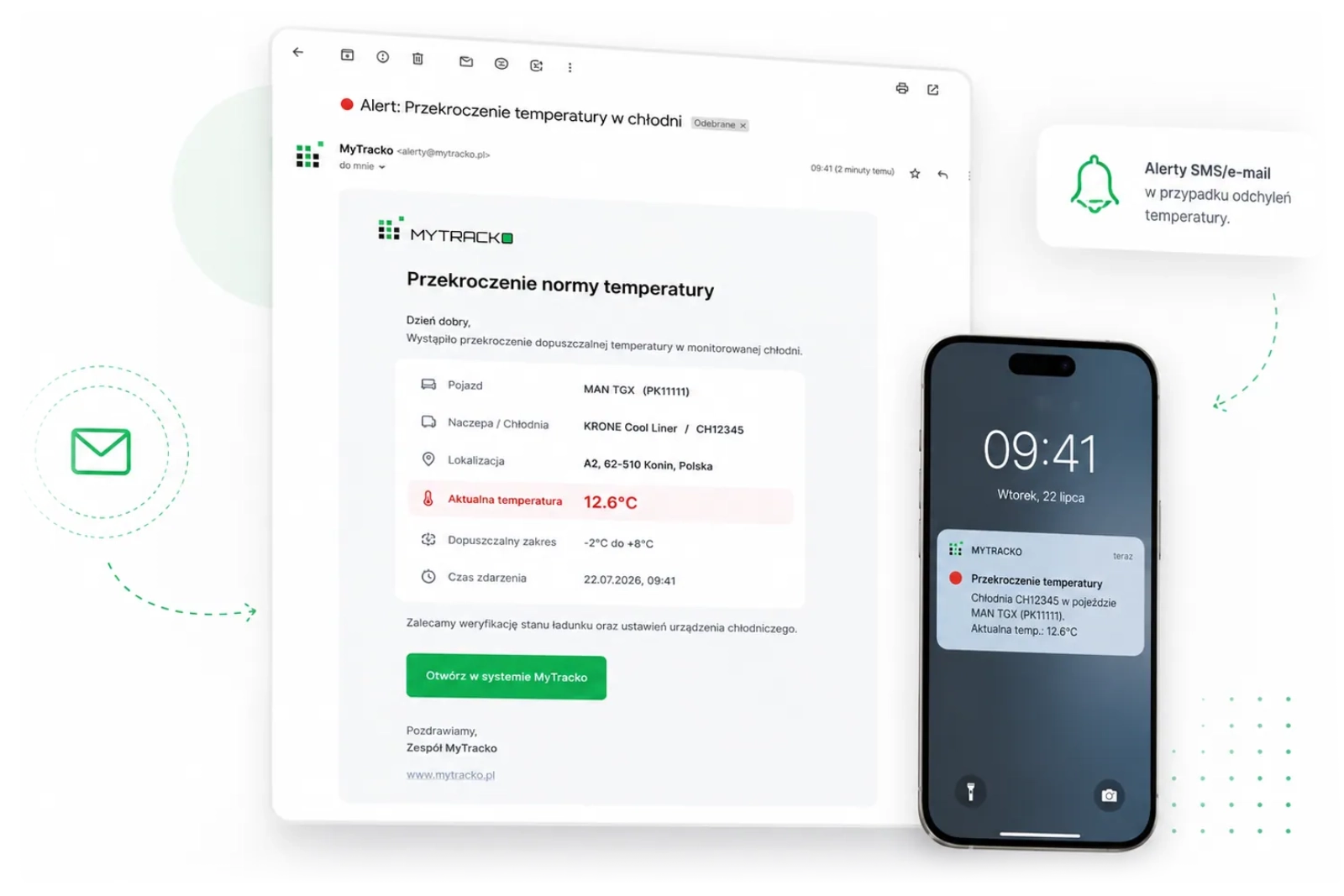 Aplikacja MYTRACKO z powiadomieniem o przekroczeniu temperatury w chłodni oraz alertem SMS i e-mail.