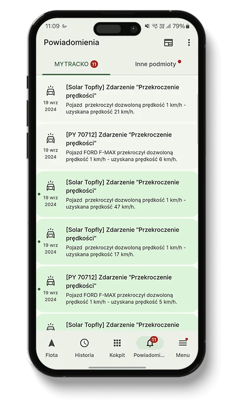 Powiadomienia w aplikacji mobilnej MYTRACKO dotyczące monitoringu pojazdów i floty