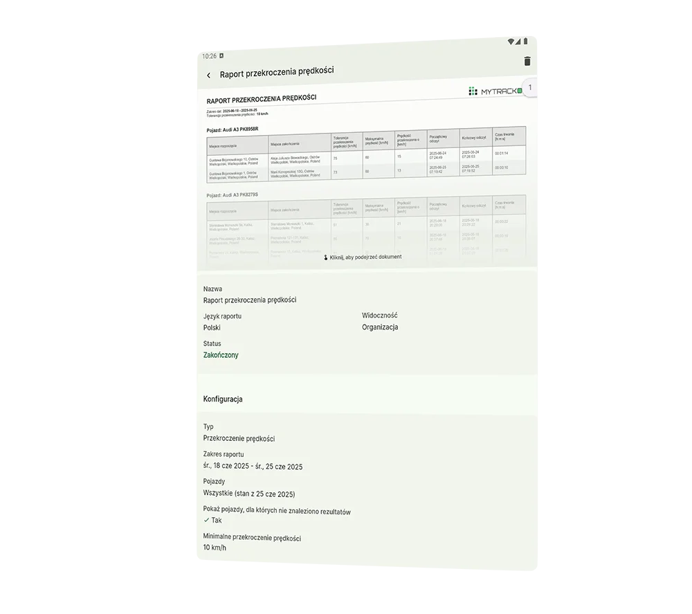 Raport przekroczenia prędkości w aplikacji mobilnej MYTRACKO do monitorowania floty