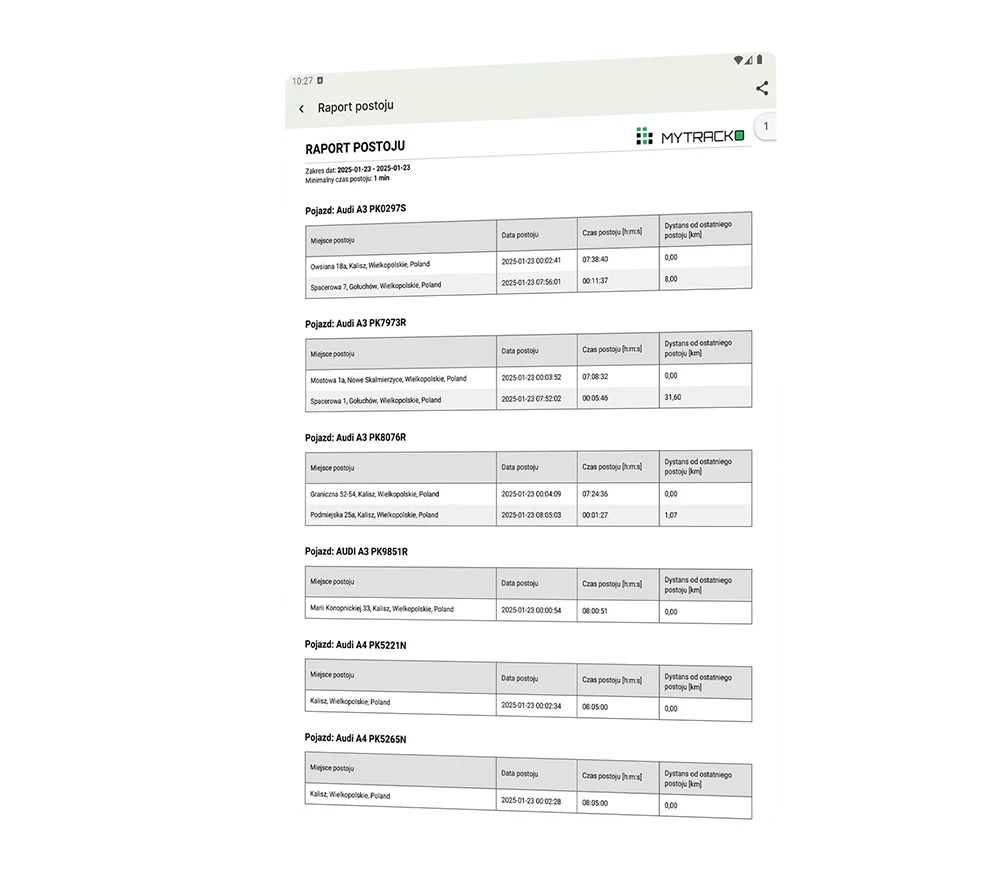 Raport postojów pojazdów w aplikacji mobilnej MYTRACKO do monitorowania floty
