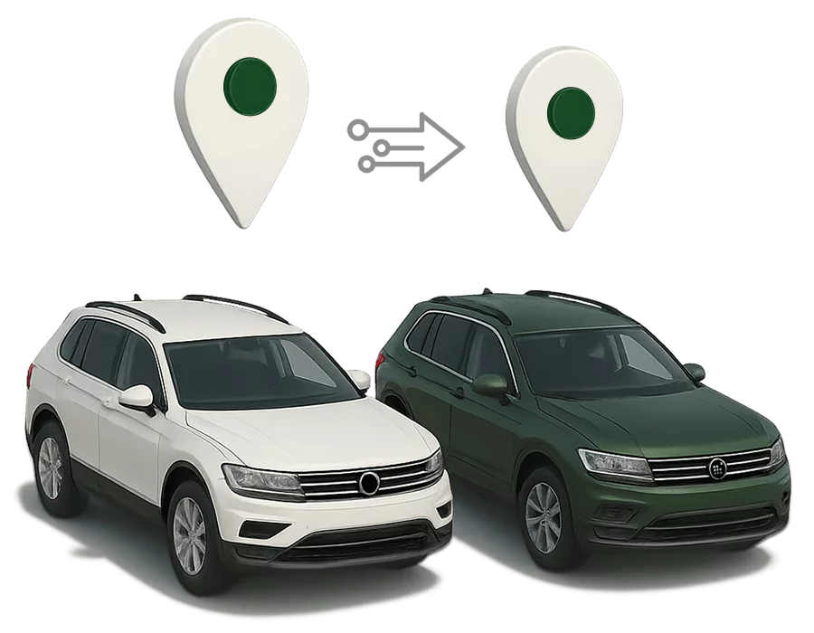 Dwa samochody SUV z ikonami lokalizacji symbolizujące przejście do systemu monitoringu GPS MYTRACKO od innego dostawcy.