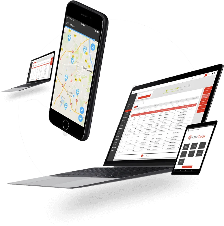 Grafika przedstawiająca system CorCode do zarządzania flotą pojazdów z interfejsem dostępnym na komputerze, tablecie i smartfonie.