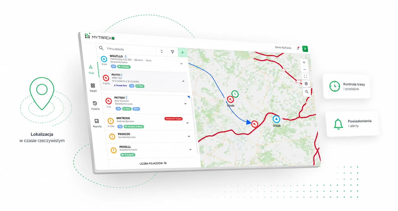 Zrzut ekranu panelu MYTRACKO przedstawiający lokalizację GPS pojazdów na mapie oraz panel zarządzania danymi z tachografu cyfrowego.