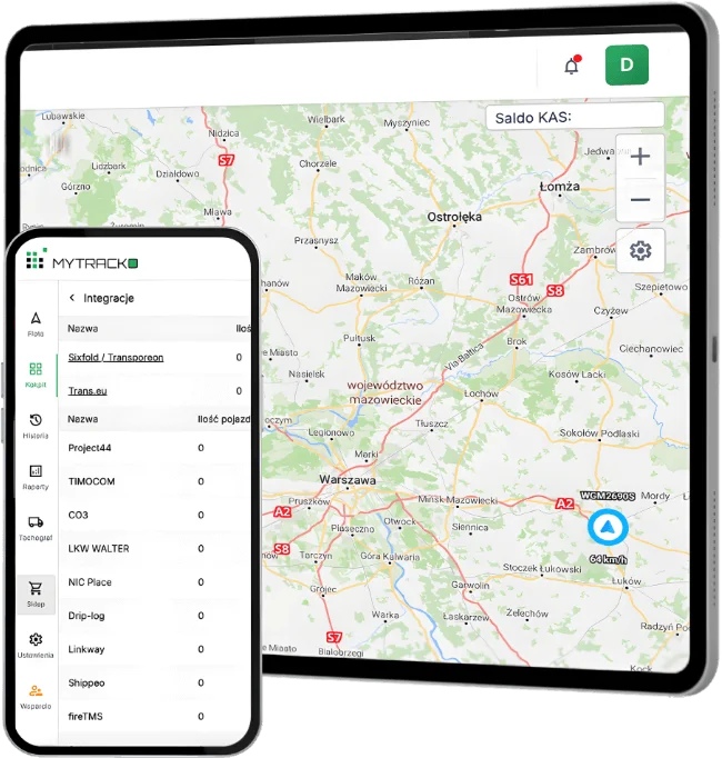 Grafika przedstawiająca platformę MyTracko do monitoringu GPS i zarządzania flotą z widokiem mapy oraz modułów dostępnych na tablecie i smartfonie.