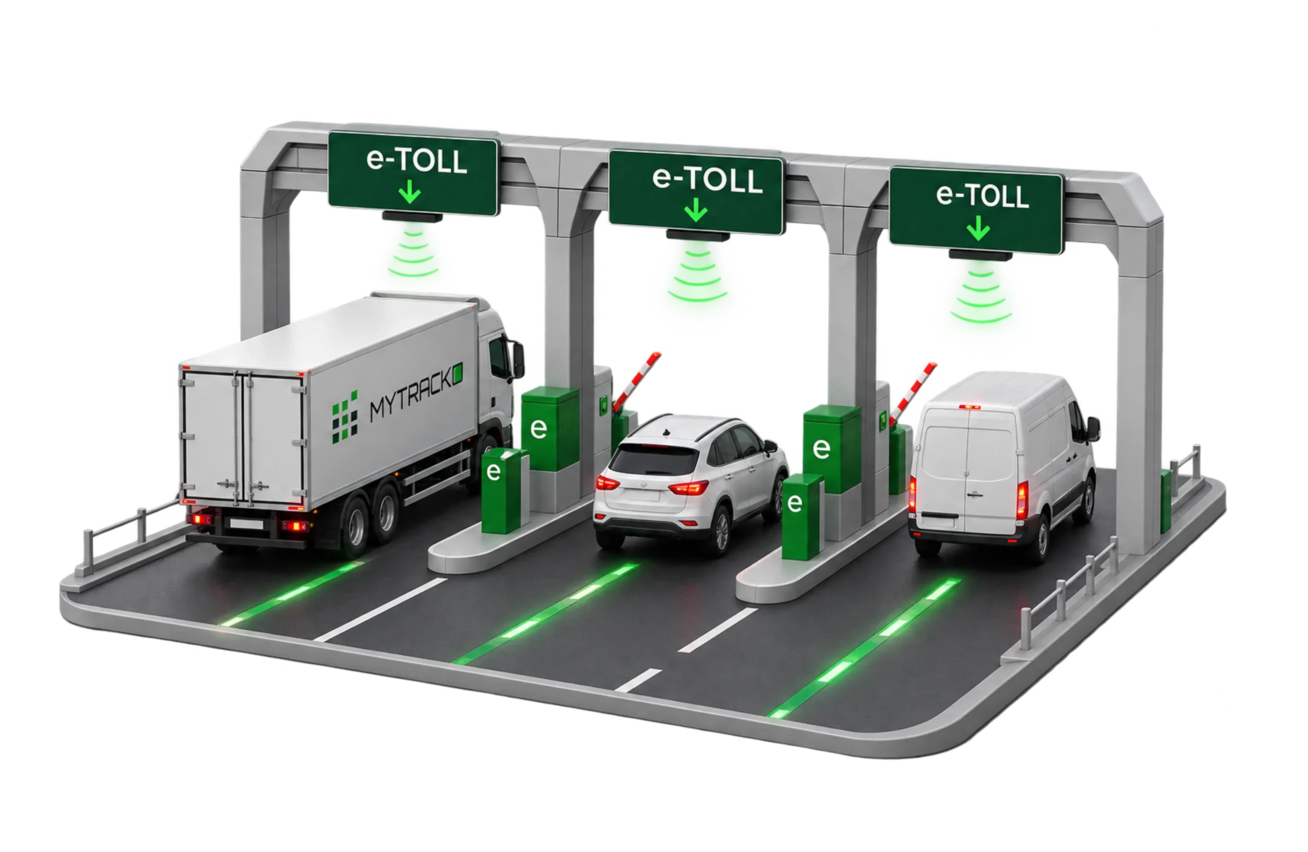 Pojazdy przejeżdżające przez bramki e-TOLL z automatycznym rozliczaniem opłat drogowych.