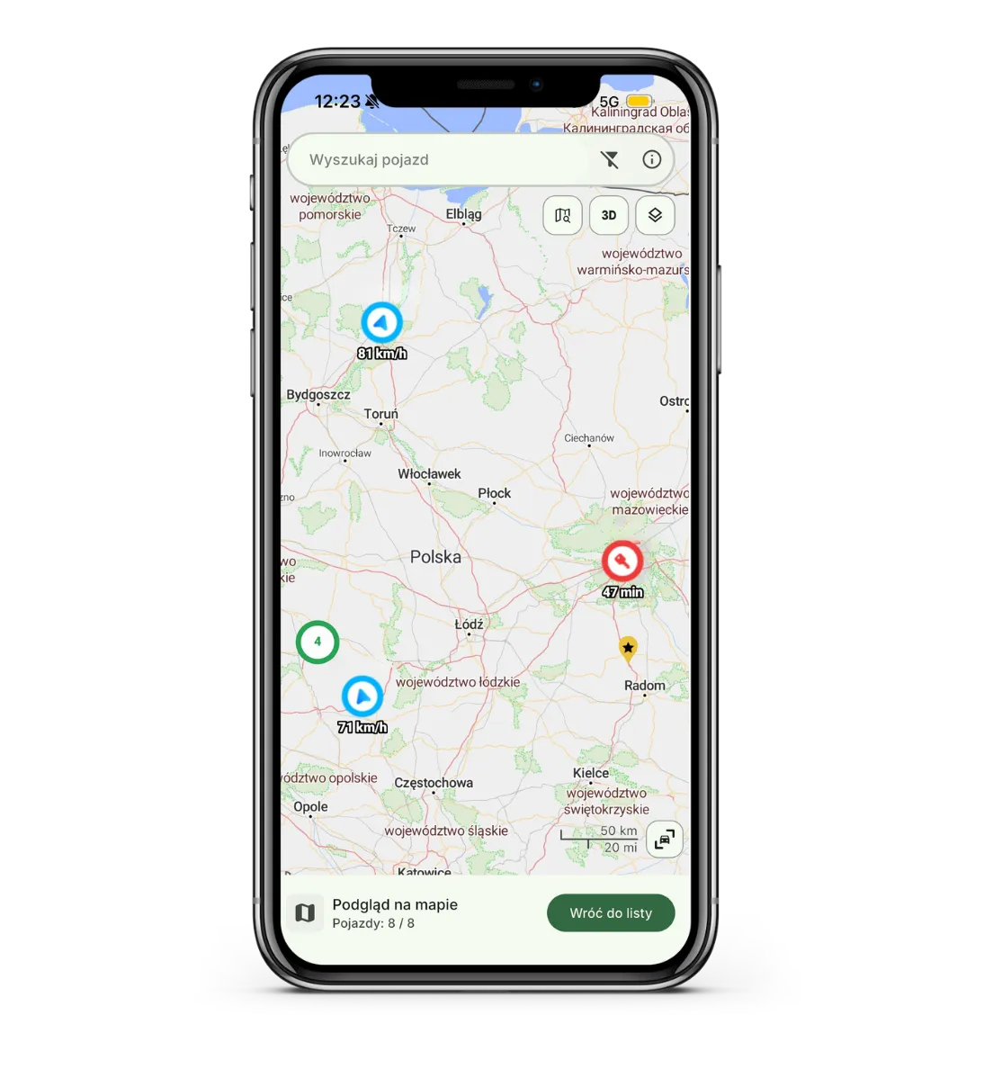 Monitoring GPS pojazdów w aplikacji MYTRACKO na telefonie.